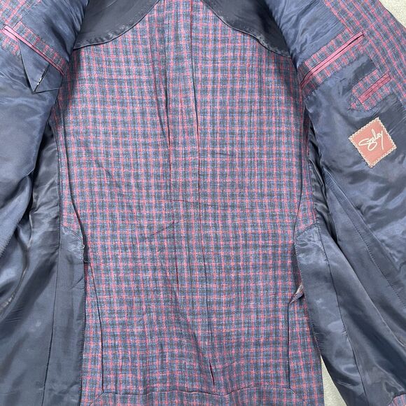 Scabal Blazer Men’s 40R 100% Pure Linen Jacket Blue Red Plaid Surgeons Cuffs - Picture 8 of 16